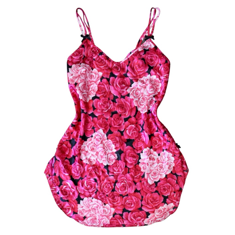 Vintage Y2K Rose Floral Print Pink Coquette Bow Lingerie Slip Dress